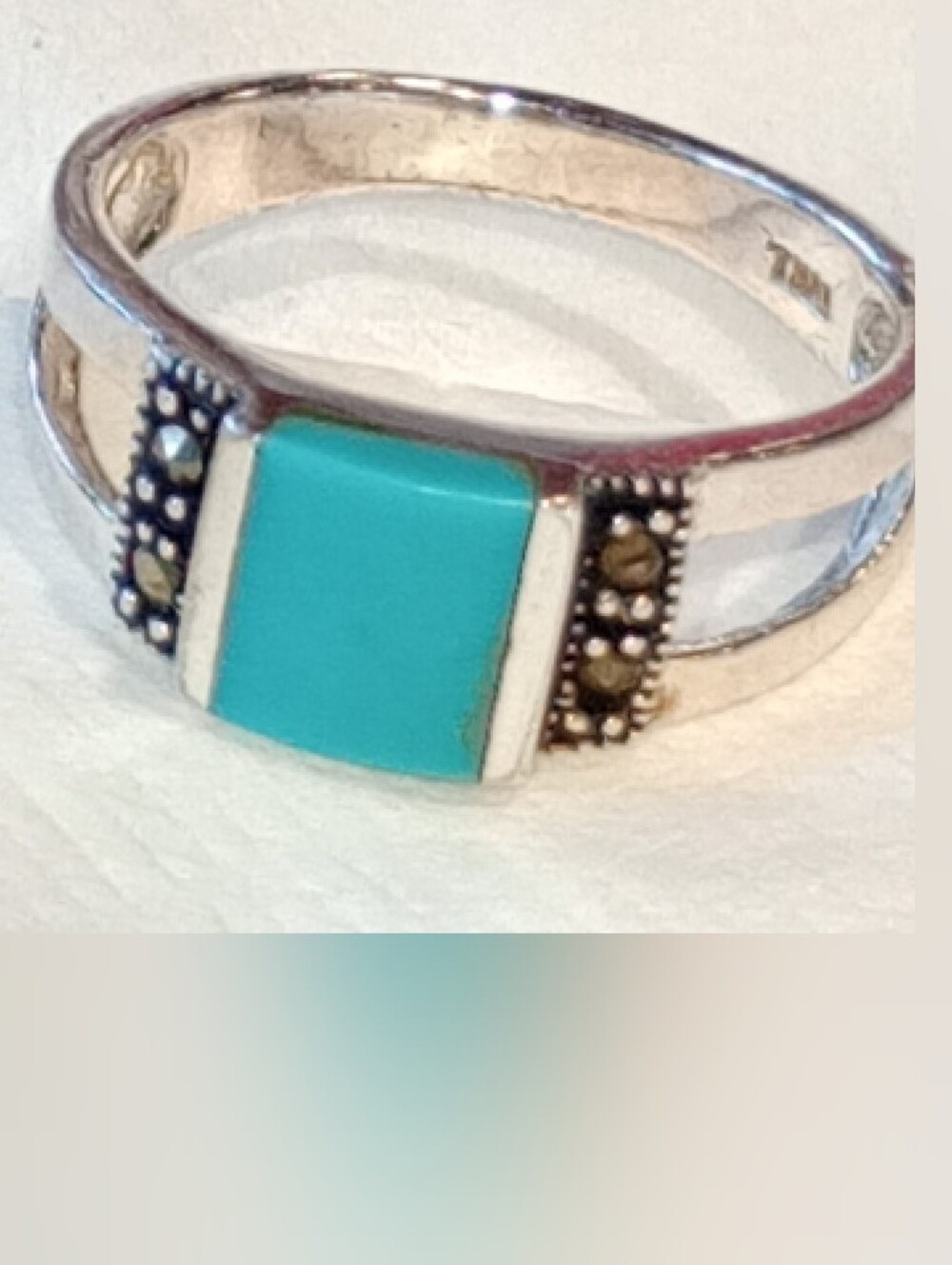 Vintage Sterling Silver, Sleeping Beauty Turquoise, Navajo Ring With Marcasite